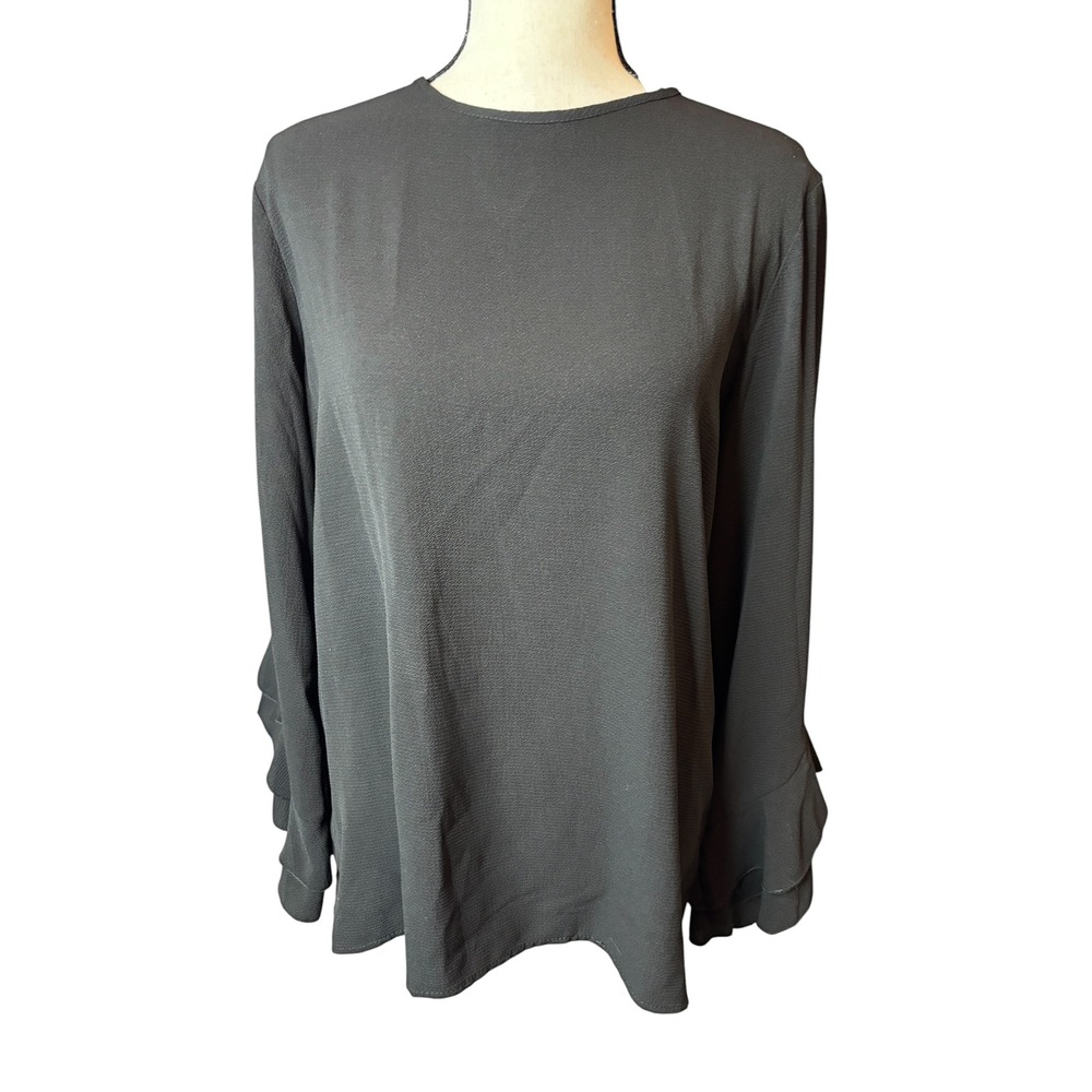 2Hearts Women Black Ruffle Tiered Bell Sleeve Keyhole Back Blouse Top